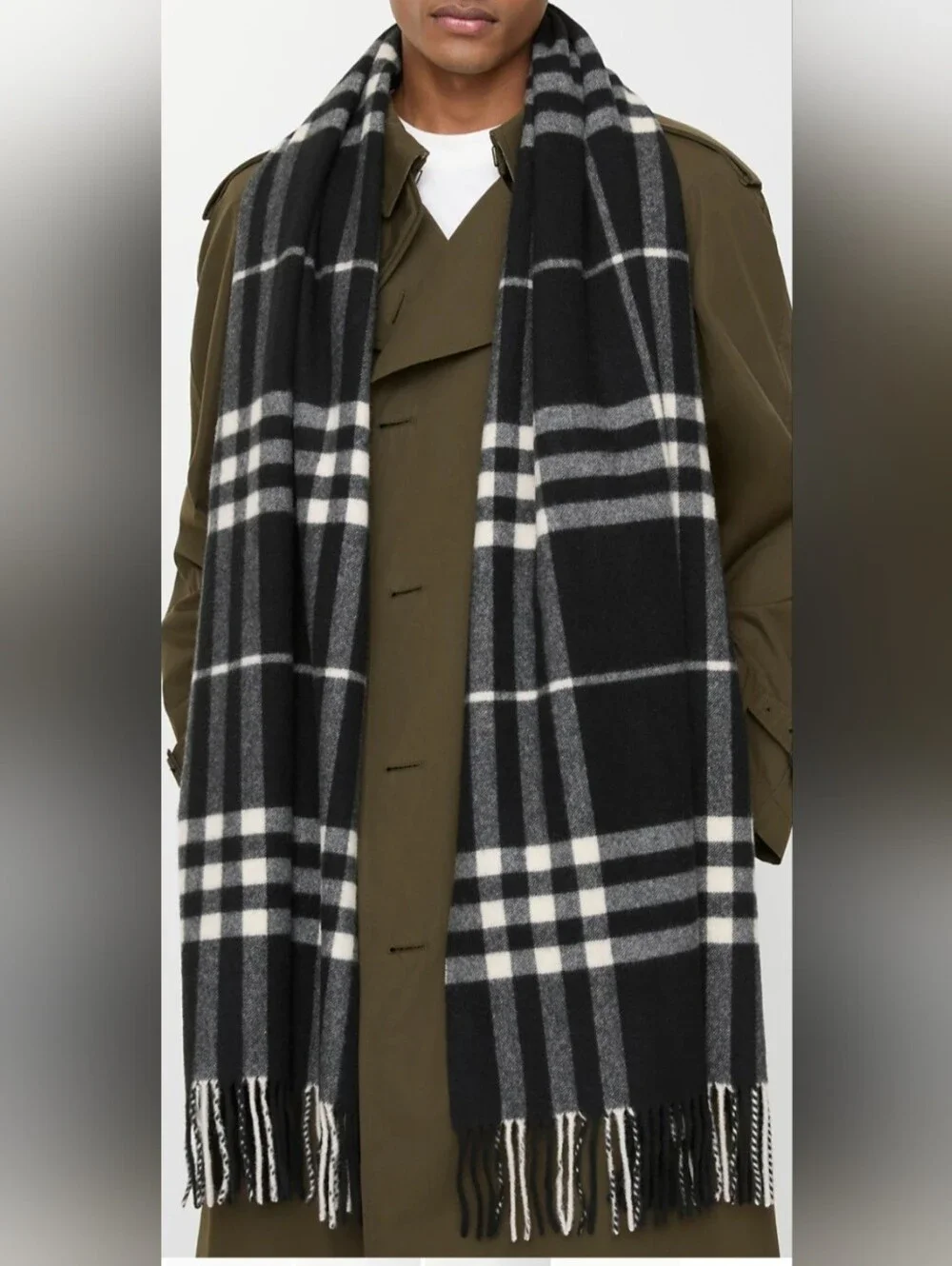 Burberry Gray Plaid Cashmere Scarf with Blue Accent
